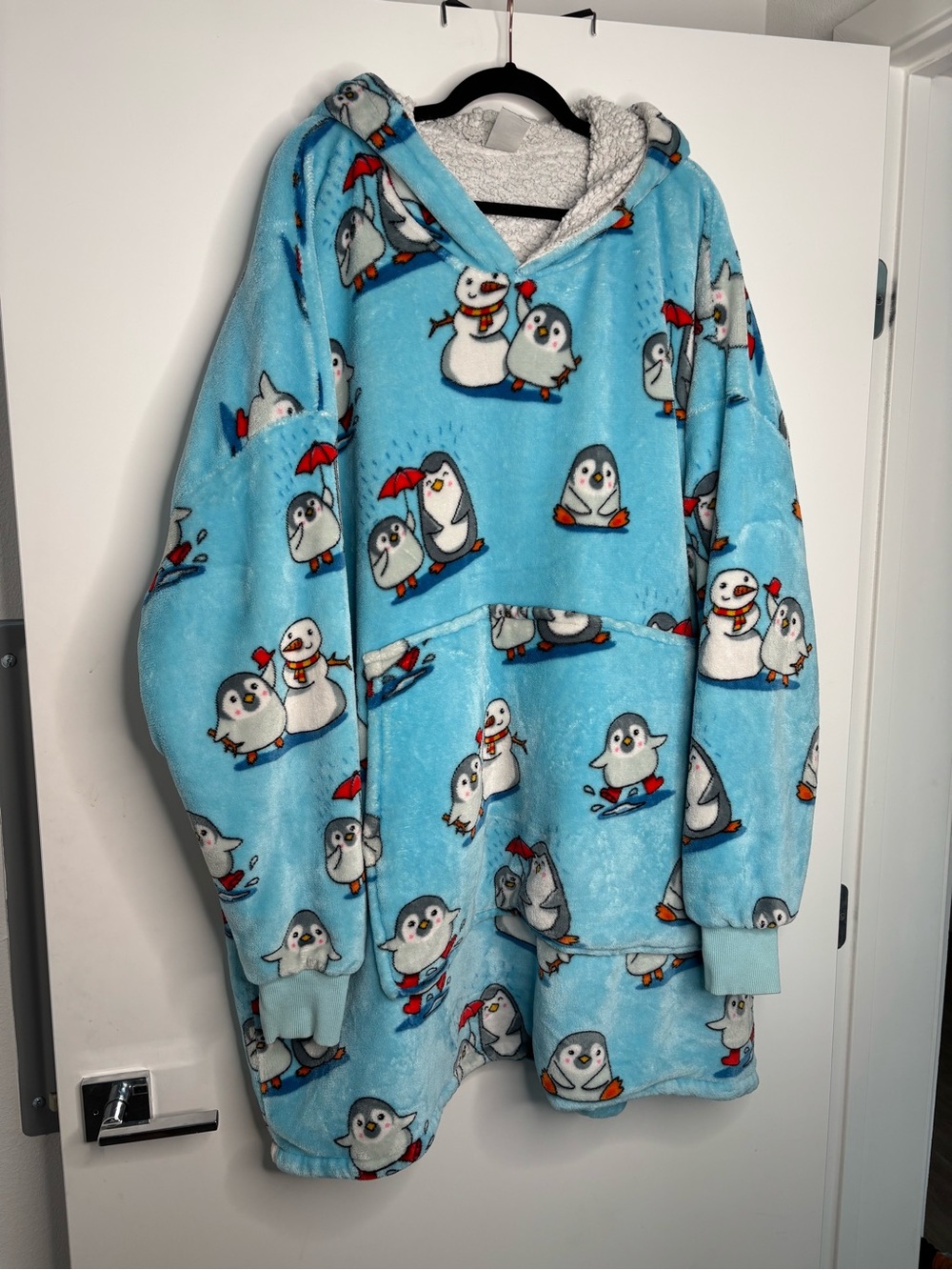Oodie Blue Penguin Sherpa-Lined Hooded Pajama Blanket